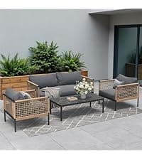 Grand patio 5-Piece Outdoor Furniture Set, 5 Seats Wicker Sofa Conversation Set with 3-Seat Couch, Thick Cushions and Coffee Table, for Backyard, Balcony, Garden (Beige)