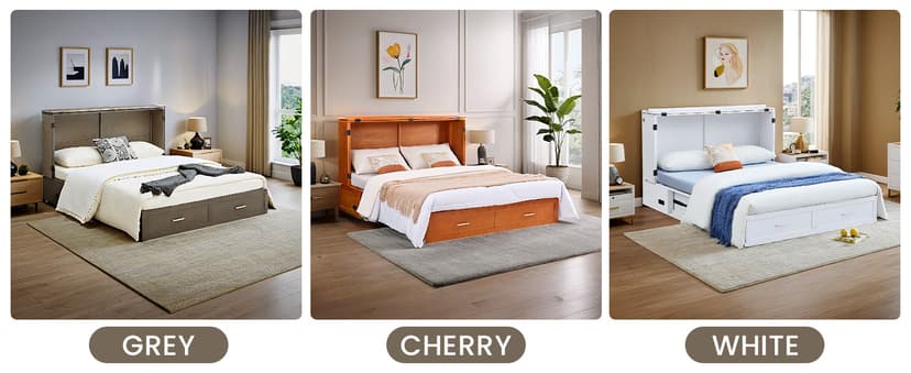 Queen Murphy Bed with Tri-Folding Mattress, Space-Saving Queen Size Wall Bed Built-in Charging Station, Foldable Murphy Bed Cabinet with 2 Storage Drawers for Bedroom, Guest Room, Cherry