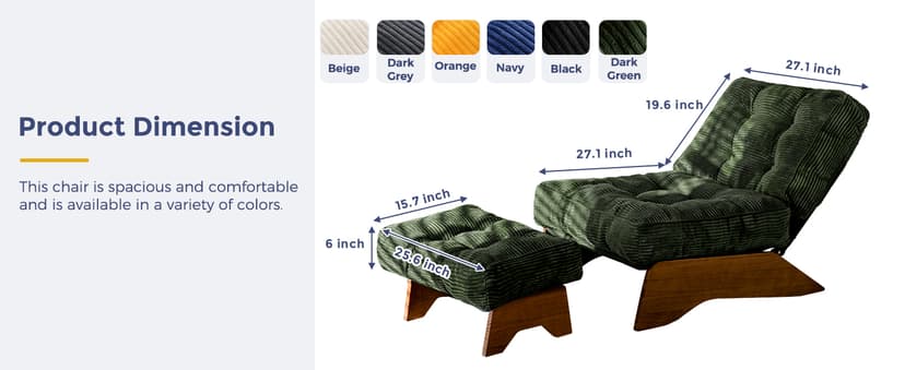 MAXYOYO Accent Chair with Ottoman Adjustable Backrest, Tufted Living Room Chair Upholstered Lounge Chair with Footrest Set, Modern Chair Cozy Reclining Chair for Reading Room, Green