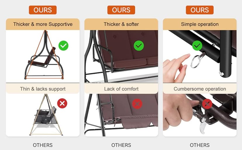 3-Seat Outdoor Patio Swing Glider - Heavy Duty Steel Frame with Adjustable Canopy & Removable Cushions - All Weather Porch Swings Chair for Backyard, Garden, Poolside - Brown