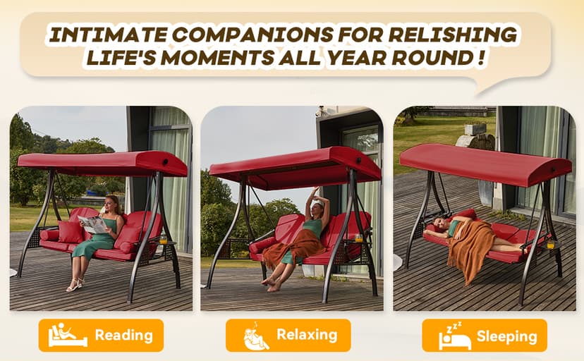 3 in 1 Outdoor Porch Swing with Adjustable Canopy, 3 Seat Outdoor Swing for Adults, Patio Swing Chair with Thickened Cushions,Pillows & Cup Holders for Backyard, Porch, Garden (Wine Red)