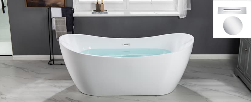 WOODBRIDGE 71"Freestanding White Acylic Soaking Bathtub with Chrome Drain and Overflow,B0017 C