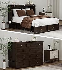 Murphy Bed Cabinet Full with Tri-Folding Mattress, Solid Wood Murphy Bed with 2 USB & 2 Charging Ports, Large Storage Drawer for Home Office or Small Space, Ebony Wood Color