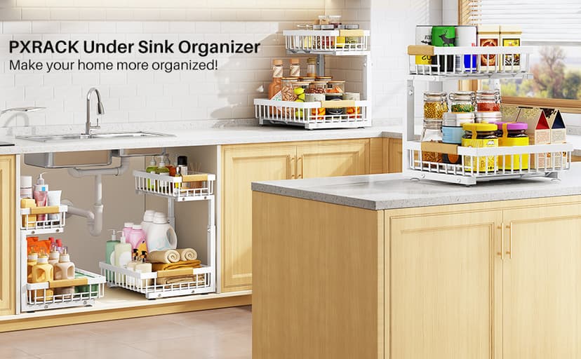 PXRACK 2 Pack Under Sink Organizer,Adjustable Height,2 Tier Pull Out Under Cabinet Organizer,Slide Out Thickened Metal Under Sink Storage for Kitchen Bathroom Laundry Cabinet Pantry,White