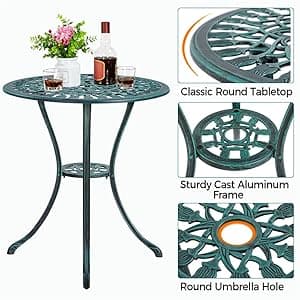 Yaheetech Patio Bistro Sets 3 Piece Cast Aluminum Bistro Table and Chairs Set, Cast Aluminum Bistro Table and Chairs Set of 2 with Umbrella Hole for Patio Backyard Balcony, Green