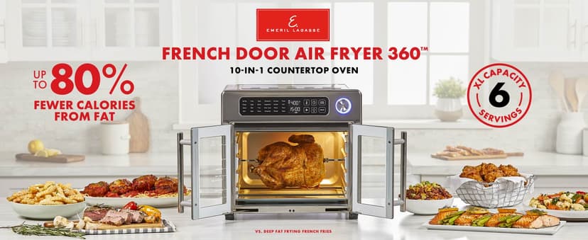 Emeril Lagasse Extra Large French Door Air Fryer Toaster Oven Combo, 24 Cooking Functions and Digital Controls, 7 Accessories Included, Stainless Steel Finish, 26QT Capacity
