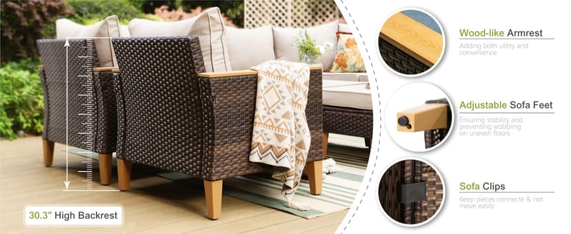 Sophia & William Patio Furniture Set with 56" Fire Pit Table, 10PCS Outdoor Wicker Sectional Conversation Set with 3-Seater Sofa, 2-Seater Couch, 2 Ottoman & FirePit Table(Beige)