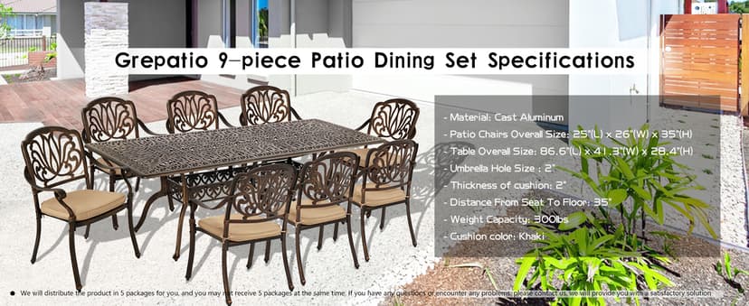 Grepatio 9 Piece Cast Aluminum Patio Furniture Set Outdoor Dining Set Bistro Furniture Set with 6 Chairs 2 Swivel and Dining Table, 8 Cushions for Backyard Garden (Khaki)