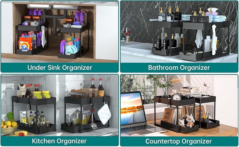 2 Pack Under Sink Organizer, 2 Tier Bathroom Cabinet Organizer with Sliding Basket, Multi-Purpose Under Sink Organizers and Storage for Bathroom Kitchen