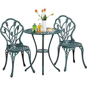 Yaheetech Patio Bistro Sets 3 Piece Cast Aluminum Bistro Table and Chairs Set, Cast Aluminum Bistro Table and Chairs Set of 2 with Umbrella Hole for Patio Backyard Balcony, Green