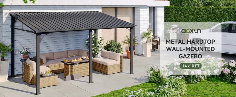 Aoxun 10' x 14' Lean to Gazebo, Upgraded Hardtop Outdoor Pergola with Sloping Galvanized Steel Roof, Large Wall-Mounted Heavy Duty Awnings for Patio, Backyard, Deck, Porch