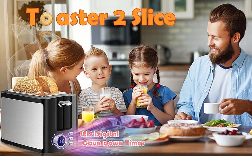 Toaster 2 Slice Wide Slot Toaster Best Rated Prime Displav Smart Toasters with LCD Digital Countdown Timer and Bagel/Defrost/Cancel/Reheat Function
