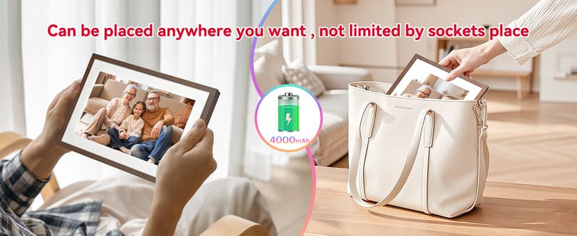 Digital Picture Frame with 4000mAh Battery, Digital Photo Frame WiFi with 32 GB, HD IPS Touch Screen, Auto-Rotate, Slideshow, Share Photos/Videos from Phone by App (10.1Inch Battery)