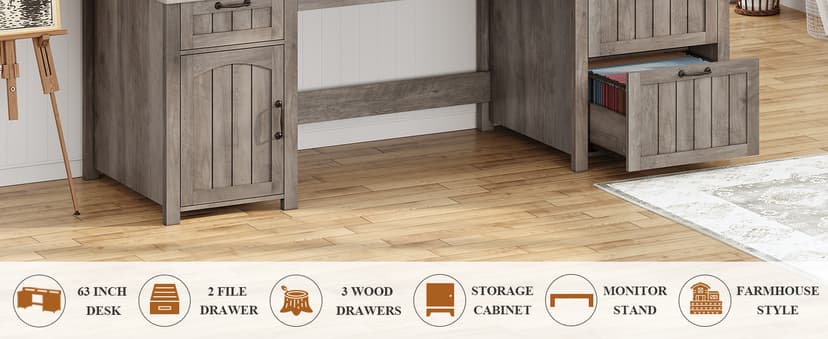 SEDETA Farmhouse 63" Executive Desk, Wood Computer Desk with Drawers and Storage Cabinet, Home Office Desk with File Drawer and Monitor Stand, Wood Desk for Work Study Writing, Grey