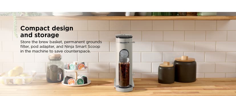 Ninja Pods & Grounds Single-Serve Coffee Maker, K-Cup Pod Compatible, Brews Grounds, Compact Design, 56-oz. Reservoir, 6-oz. Cup to 24-oz. Travel Mug Brew Sizes, Iced Coffee Maker, Stone, PB041ST