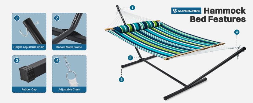 SUPERJARE Hammock with Stand, 2 Person Quilted Outdoor Hammock, Detachable Pillow & Bamboo Spreaders, Portable Hammock with Carrying Bag, Heavy Duty Stand, Perfect for Outside, Patio, Dark Cyan