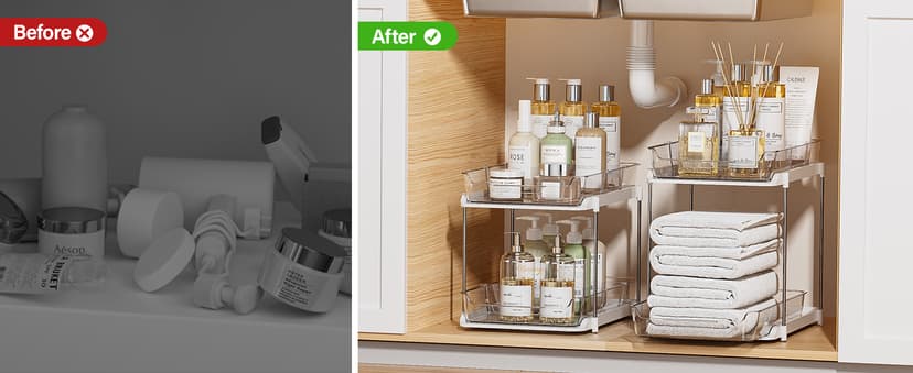 Delamu 2 Sets of 2-Tier Multi-Purpose Bathroom Under Sink Organizers and Storage, Stackable Kitchen Pantry Organization, Pull Out Medicine Cabinet Organizer with 8 Movable Dividers