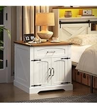 HOOBRO Farmhouse End Table with Charging Station, 23.6" Large End Tables for Living Room, Sofa Side Table with Barn Door, Wooden Square Nightstand Bedside Table, Flip Top, White and Walnut WH601UBZ01