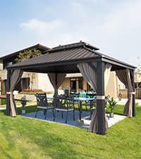 YOLENY 10'x13' Hardtop Gazebo, Outdoor Polycarbonate Double Roof Canopy, Aluminum Frame Permanent Pavilion with Curtains and Netting, Sunshade for Garden, Patio, Lawns