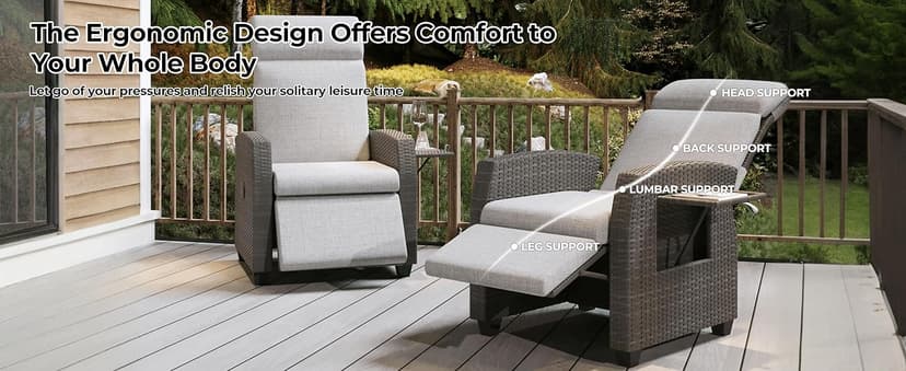 Outdoor Wicker Recliner Chair, Patio Recliner with Independently Adjustable Backrest and Footrest, All-Weather PE Wicker Patio Reclining Lounge Chair with Flip-Up Table Air Pump 155° Lay Flat