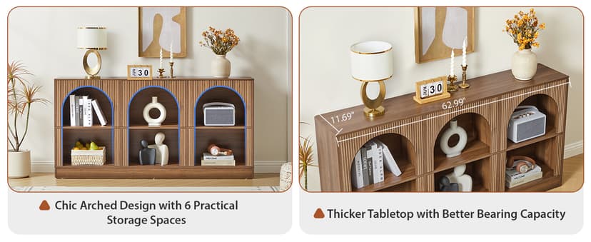 Console Table with 3-Tier Open Storage, 63" Arched Entryway Table with Carved Fluted Panels, Rectangular Wooden Sofa Table for Living Room, Hallway, or Behind Couch (1, Walnut)