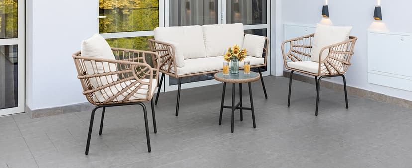YITAHOME 3-Piece Outdoor Wicker Patio Conversation Bistro Set, All-Weather Furniture Set with Table & Cushions, Outdoor Sectional Sofa for Balcony, Backyard, Deck, Beige