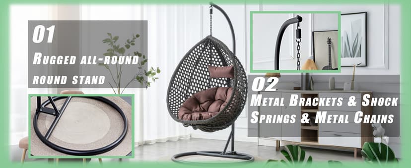 Egg Swing Chair Outdoor with Stand, Hanging Egg Rattan Basket Chair with Cushion and Pillow, Swinging Egg Chair, Foldable Basket and Metal Stand for Porch, Patio, Bedroom, Balcony,yard (White)