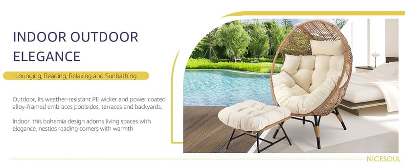 NICESOUL Wicker Egg Chair with Ottoman, Indoor Outdoor Egg Basket Lounge Chair w/Cushion, Oversized Egg Seat with Legs 440 Lbs, Comfy Cozy Boho Style Nest Chair w/Footrest for Patio, Balcony, Beige