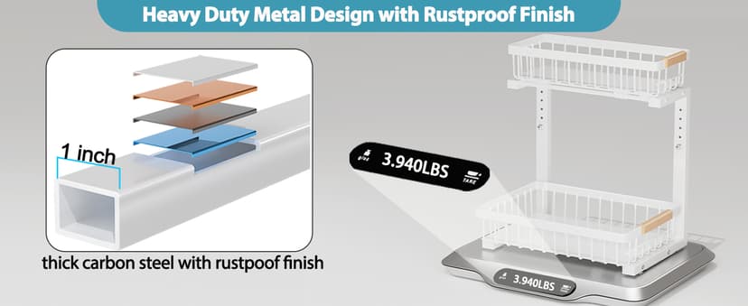 Under Sink Organizer 2 pack, 2 Tier Slide Out Under Sink Organizers And Storage, Height Adjustable Pull Out Cabinet Drawers, Kithcen Bathroom Metal Storage Caddy Shelf, White
