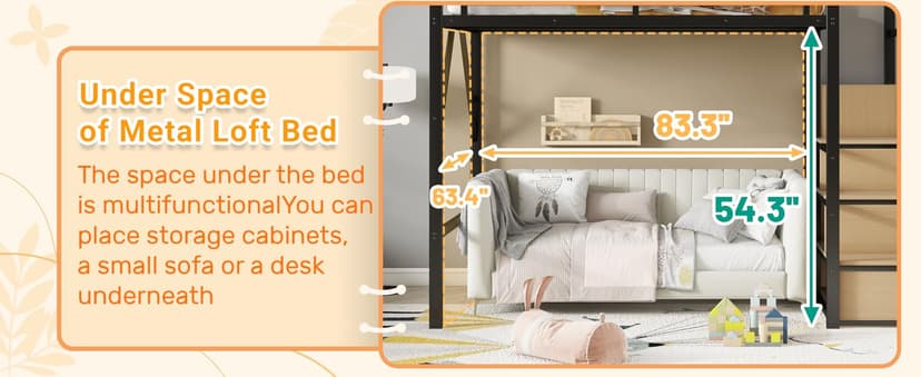 Full Size Loft Bed with Stairs and Storage, Metal Loft Bed Frame with Bedside Shelf and Large Under-Bed Space, Heavy-Duty Bed for Adults Teens and Kids, Black