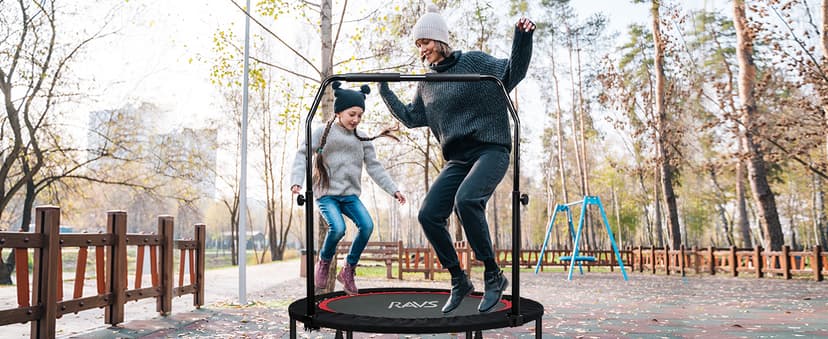 RAVS Mini Trampoline for Kids Adults 40"/48" Foldable Fitness Rebounder Kids Trampoline with 5 Levels Height Adjustable Handle Resistance Bands Indoor Workout