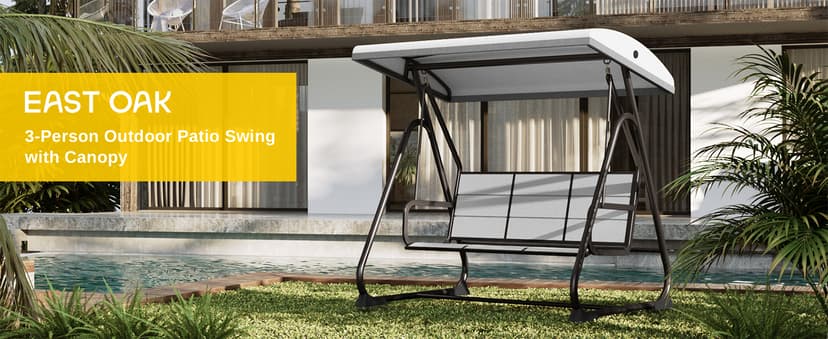 EAST OAK 3-Person Outdoor Patio Swing Chair with Adjustable Canopy, Porch Swing with Comfortable and Breathable Seats, Outdoor Swing Chairs for Garden, Balcony, Backyard, Charcoal Black