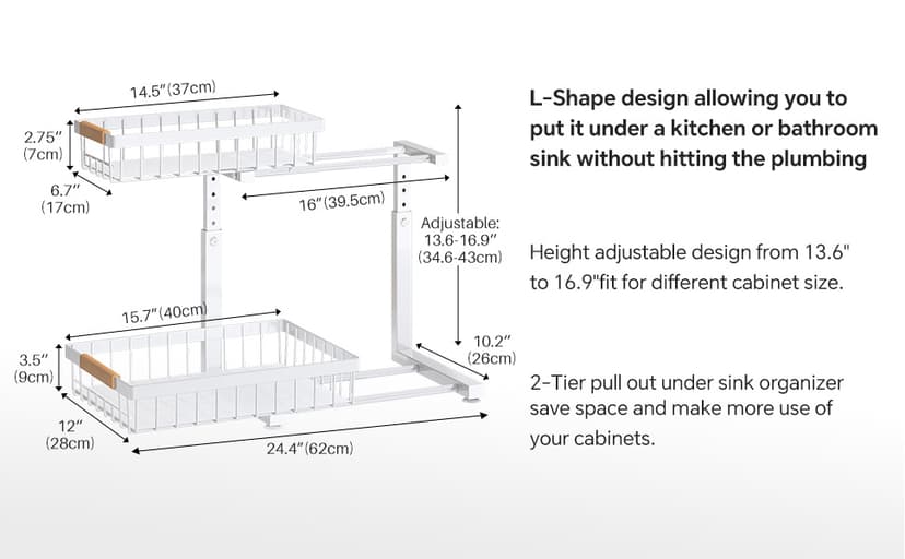 PXRACK 2 Pack Under Sink Organizer,Adjustable Height,2 Tier Pull Out Under Cabinet Organizer,Slide Out Thickened Metal Under Sink Storage for Kitchen Bathroom Laundry Cabinet Pantry,White