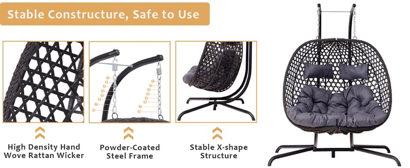 Double Hanging Swing Egg Chair with Stand, Hexagon Wicker Hammock Swing Chair for Outdoor Garden Patio, 2 Person Egg Chair with Foldable Loveseat Removable Cushions (Dark Grey)