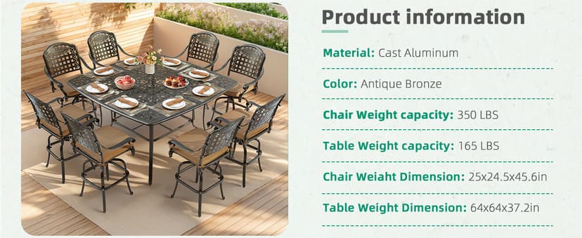 VIVIJASON 9-Piece High Patio Dining Set, Free-Rust Cast Aluminum Patio Bar Table and Chairs Set with 8 Swivel Bar Stools & 64" Bar Height Dining Table, Umbrella Hole for Backyard, Lawn, Garden