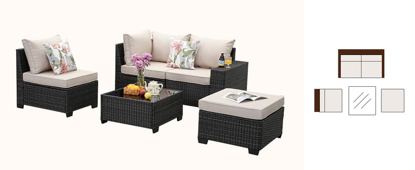 5 Pieces Patio Furniture Set All-Weather Outdoor Wicker Sectional Conversation Sofa Rattan Patio Seating Sofa with Cushion and Glass Table and Ottoman for Porch,Beige