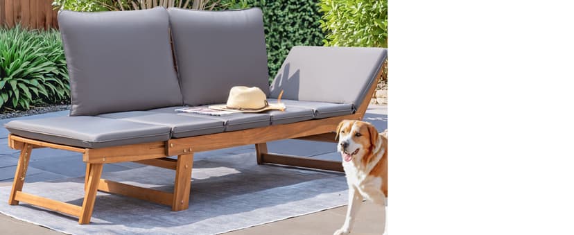 Devoko Outdoor Couch Acacia Wood Patio Couch with Adjustable Armrests, Outdoor Convertible Sofa with Removable Cushions & Pillows for Patio, Porch, Poolside(Grey)