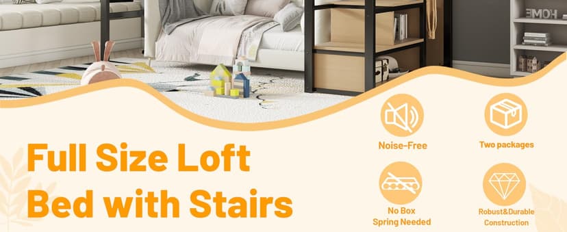 Full Size Loft Bed with Stairs and Storage, Metal Loft Bed Frame with Bedside Shelf and Large Under-Bed Space, Heavy-Duty Bed for Adults Teens and Kids, Black