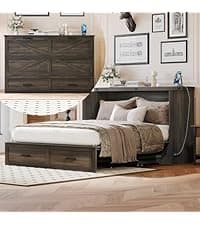 Merax Modern Farmhouse Solid Wood Murphy Cabinet Bed, No Box Spring Needed/Easy Assemble/Queen,Gray
