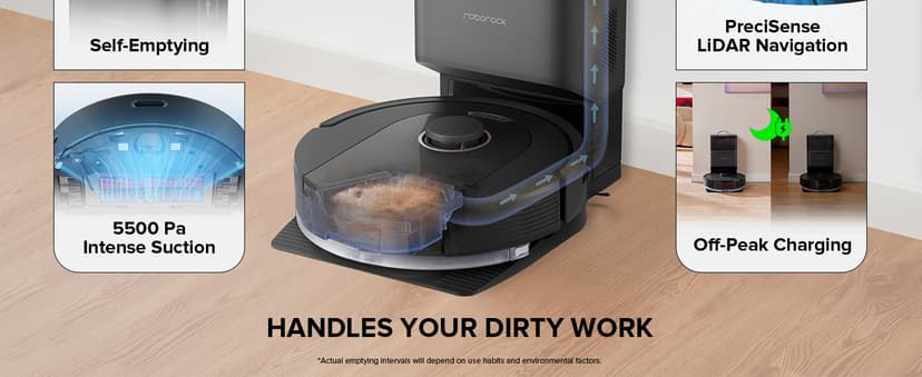 roborock Q5 Pro+ Robot Vacuum and Mop, Self-Emptying, 5500 Pa Max Suction, DuoRoller Brush, Hands-Free Cleaning for up to 7 Weeks, Precise Navigation, Perfect for Hard Floors, Carpets, and Pet Hair