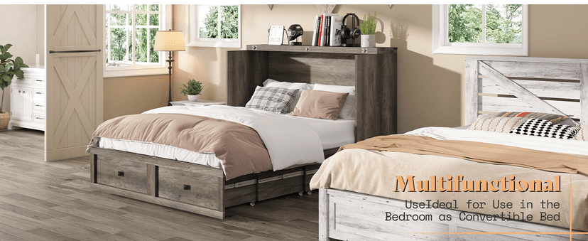 AMERLIFE Queen Murphy Bed with Storage & Charging Station, Farmhouse Murphy Cabinet with Foldable Panel, Noisy Free, for Living Room, Guest Bedroom, Office, Rustic Gray