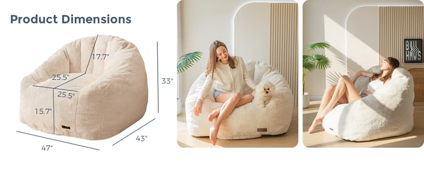 MAXYOYO Giant Bean Bag Chair, Oversized Bean Bag Couch for Adults and Kids, Faux Fur Shell-Shaped Large Chair with Filler, Stuffed Big Accent Sofa Lounge Floor Sofa for Gaming, Reading, Beige