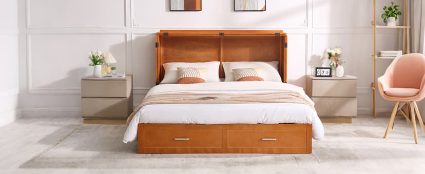 Queen Murphy Bed with Tri-Folding Mattress, Space-Saving Queen Size Wall Bed Built-in Charging Station, Foldable Murphy Bed Cabinet with 2 Storage Drawers for Bedroom, Guest Room, Cherry