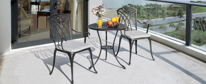NUU GARDEN Bistro Set 3 Piece Outdoor Cast Aluminum Patio Bistro Set Patio Table and Chairs Set of 2 with Umbrella Hole and Gray Cushions, Black