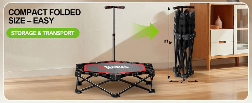 42" Foldable Mini Trampoline- 450lb Capacity Fitness Rebounder w/3-Level Adjustable T-Bar, Adults Workout Trampoline, Non-Slip Pad | Foldable Design for Home/Gym