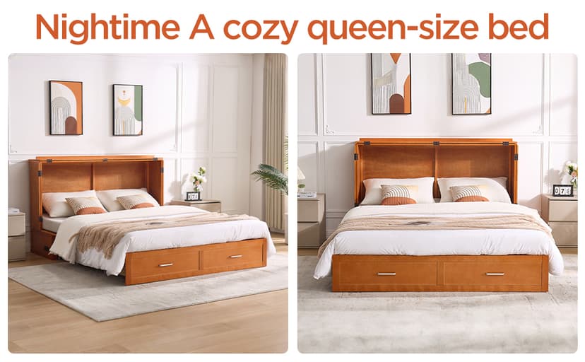 Murphy Bed Cabinet with Mattress, Queen Size Wall Beds with Large Storage Drawer and Charging Station, Hideaway Murphy Bed Chest for Home Office or Small Room (Gray)