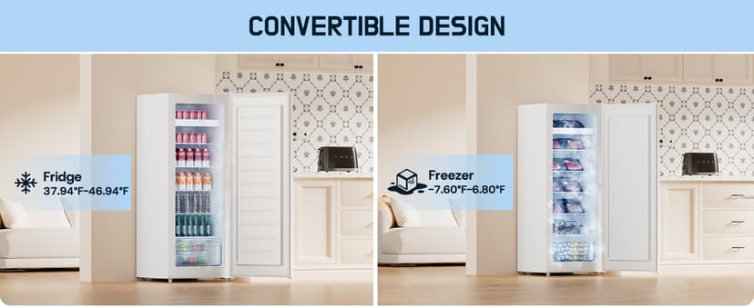 Upstreman 7.0 Cu.Ft Upright Freezer Large Capacity Convertible Refrigerator/Freezer, 5 Adjustable Shelves, Energy Efficient, Garage Ready, Reversible Door for Basement, Dorm, Apartment,White