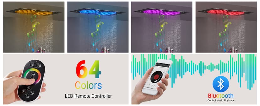 MONDAWE 28 Inch Flush-Mounted Thermostatic Shower System in Matte Black, 64 Colors LED and Bluetooth Control Music Rainfall Shower Head, Handheld Spray and Body Jets, High Pressure Shower Faucet Set