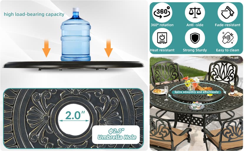 MEETWARM Outdoor 9-Piece Patio Dining Set, All-Weather Cast Aluminum Patio Conversation Set- 8 Cushioned Swivel Rocker, 61" Round Patio Dining Table w/Detachable Lazy Susan/Umbrella Hole, Dark Bronze