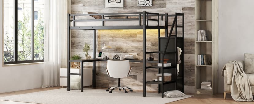 Full Size Loft Bed with Stairs and Storage, Metal Loft Bed Frame with Bedside Shelf and Large Under-Bed Space, Heavy-Duty Bed for Adults Teens and Kids, Black